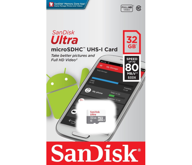 SANDISK MICRO SD 32GB ULTRA (microSD HC) 80MB/s C10 SDSQUNS-032G-GN3MN - 409228 - zdjęcie 3